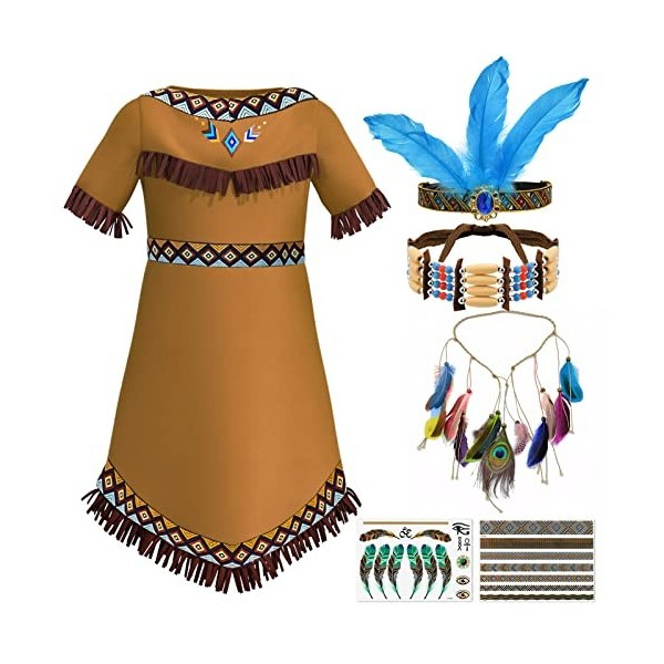 Tacobear Déguisement Indien Enfant Robe Indien avec Bandeau Plume Collier Ras du Cou Indien Tatouages Cosplay Accessoires Dég