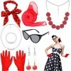 ZeYou Accessoire Année 50 Femme, 9 Pièces Deguisement Annee 50 Femme Accessoire, Boucles Doreilles Colliers Bandeaux Gants E