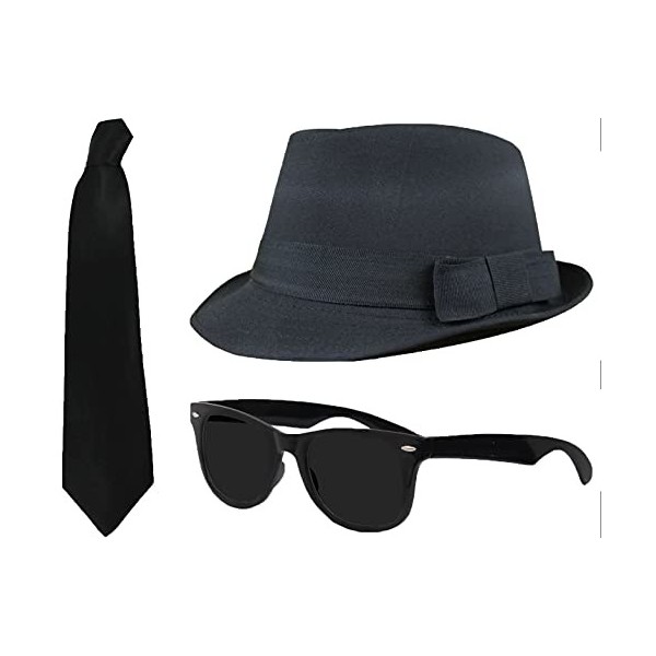 Blues kit Ensemble de costume accessoire de déguisement de qualité 58 cm ou 60 cm Chapeau fedora Noir + Noir Lunettes de lect