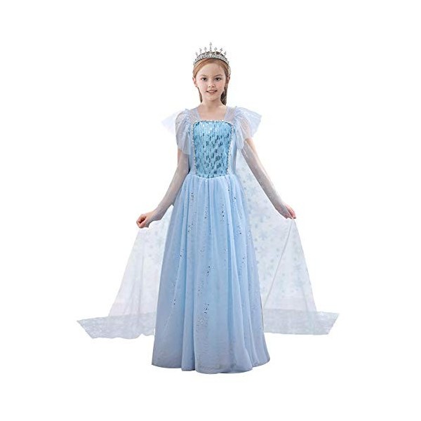 IWEMEK Filles Déguisements Princesse Elsa Robe Longue avec Cape + Accessoires Reine des Neige 2 Costume de Carnaval Halloween