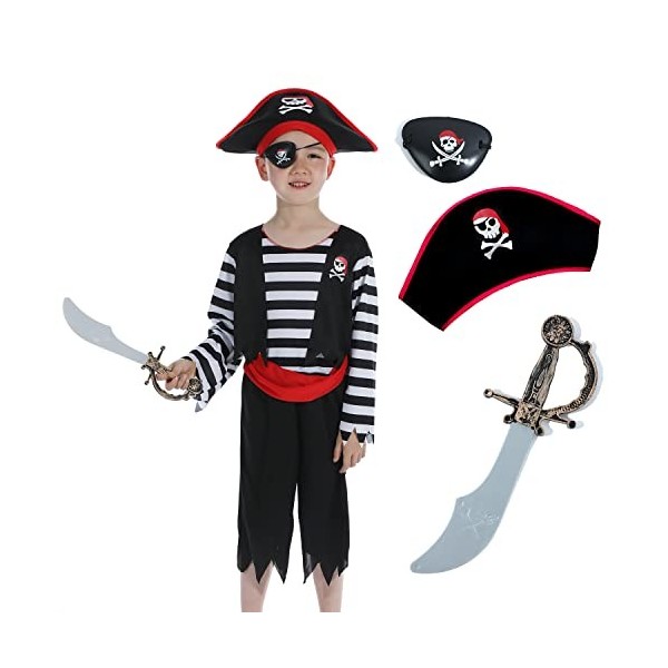 Rabtero Costume de Pirate pour les enfants, costume de pirate de luxe pour les garçons, jeu de rôle de pirate de 8 pièces, co