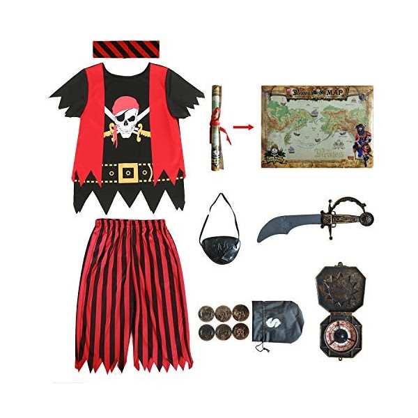 Rabtero Costume de Pirate pour les enfants, costume de pirate de luxe pour les garçons, jeu de rôle de pirate de 8 pièces, co