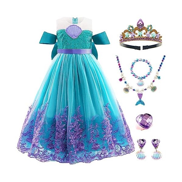 Déguisement de Princesse Sirène Costume de Sirène pour Enfant Fille Robe de Princesse Ariel et Accessoires Fête Halloween Noë