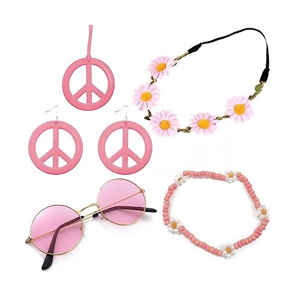 Hileyu 5pcs Ensemble de Costume Hippie Accessoires Deguisement Hippie Accessoire dhabillage 60s 70sLunettes Vintage Bandeau 