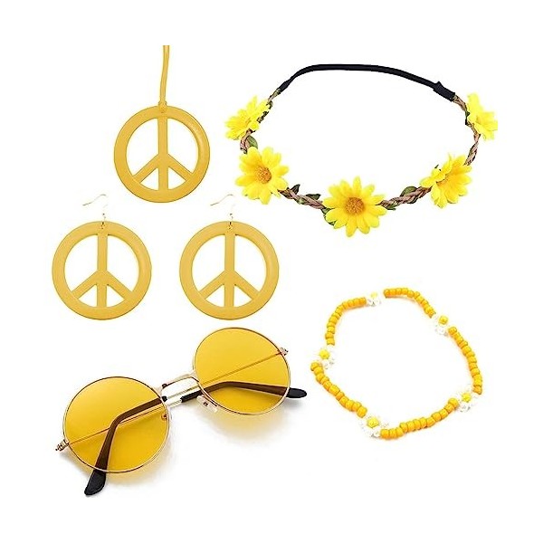 Hileyu 5pcs Ensemble de Costume Hippie Accessoires Deguisement Hippie Accessoire dhabillage 60s 70sLunettes Vintage Bandeau 