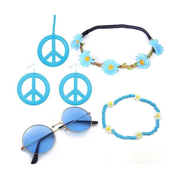 Hileyu 5pcs Ensemble de Costume Hippie Accessoires Deguisement Hippie Accessoire dhabillage 60s 70sLunettes Vintage Bandeau 
