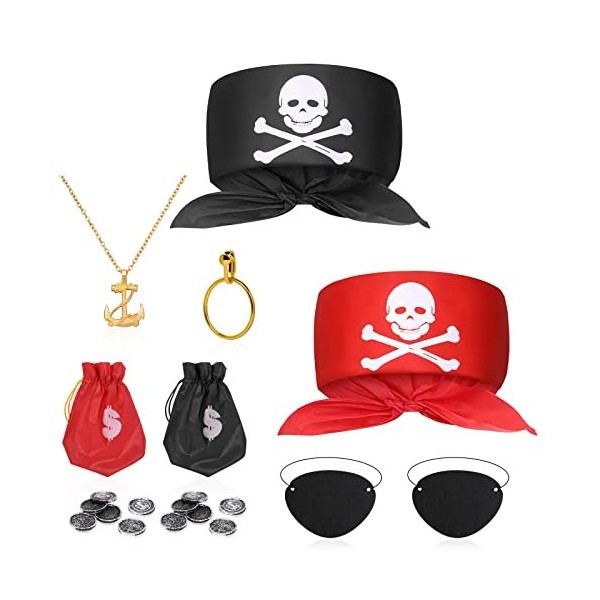 Aomig Déguisement de Pirate Enfants Accessoires Kit, 8 Pièces Costume Capitaine Pirate cache-œil de pirate bandana sacs darg
