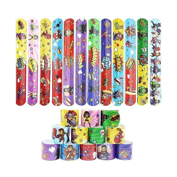 Henkodo Lot de 12 bracelets à cliquet pour enfants - Super héros - Bracelet slap - Cadeau danniversaire denfant - Accessoir