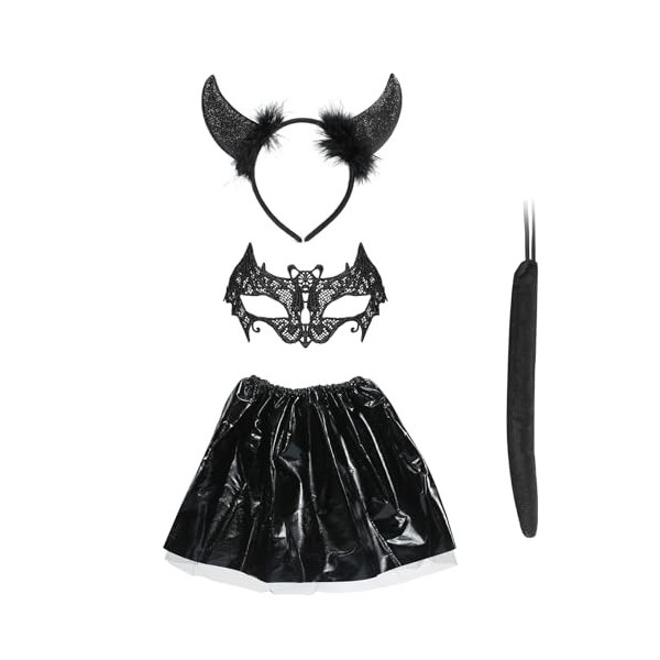 Amsixnt 4 pièces Diable costume fille,déguisement de diable pour filles,avec Tutu,queue,diable cornes,dentelle de masque,pour