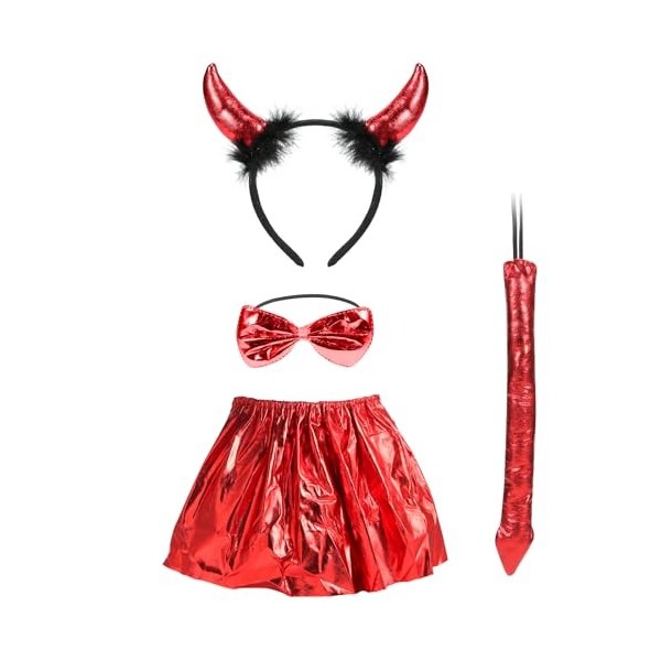 Amsixnt 4 pièces Diable costume fille,déguisement de diable pour filles,avec Tutu,queue,diable cornes,dentelle de masque,pour