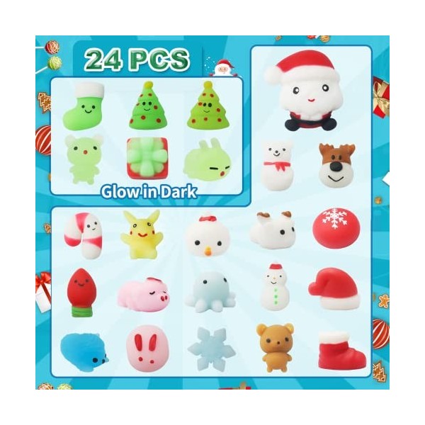 Calendrier de lAvent 2023 24 Squishies avec Père Noël, différentes surprises chaque jour, non toxique, réutilisable, mignon 