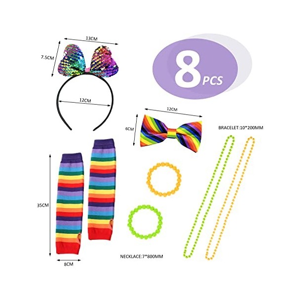 Ensemble de 7 accessoires vestimentaires années 80, bandeaux colorés, nœuds papillon en sergé, gants arc-en-ciel, colliers né