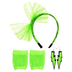 Yolev Déguisement Année 80 Accessoire Femme Vert Fluo Bandeau en Dentelle Boucles doreilles Fluo Gants sans Doigts en Maille