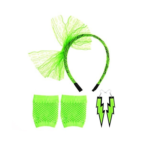 Yolev Déguisement Année 80 Accessoire Femme Vert Fluo Bandeau en Dentelle Boucles doreilles Fluo Gants sans Doigts en Maille