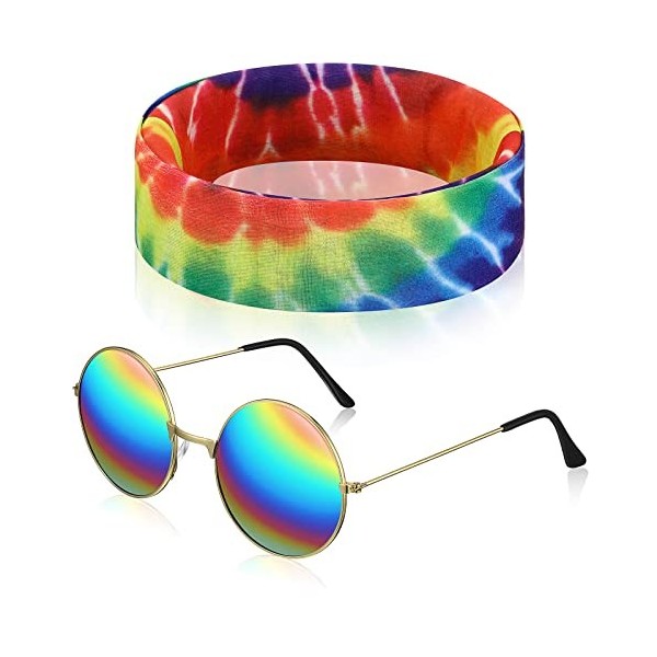 Fiada Set de 2 Pcs de Costume Hippie Arc-en-Ciel Bandeau de Tournesol Tie-Dye Lunettes de Soleil Hippie Lunettes Rondes Vinta