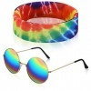 Fiada Set de 2 Pcs de Costume Hippie Arc-en-Ciel Bandeau de Tournesol Tie-Dye Lunettes de Soleil Hippie Lunettes Rondes Vinta