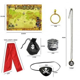 SIKAMARU Ensemble daccessoires de pirate 6 pièces, boucles doreilles de pirate, collier, bandana, cache-œil, carte, sac da