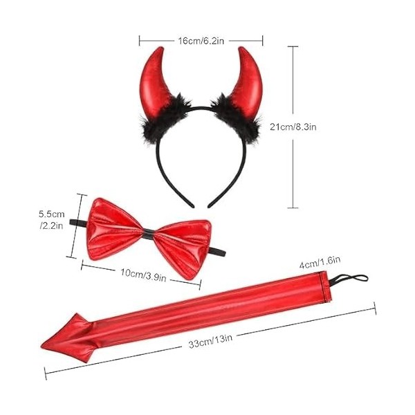 Yiantai 3 Pièces Kit Déguisement Diablesse, Cornes De Diable Rouge, Diable Corne Bandeau, Diable Noeud Papillon, Deguisement