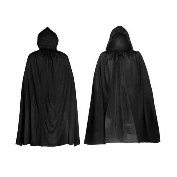 Zkaoai Cape à capuche noire pour Halloween, cape noire avec capuche, costume dHalloween avec autocollant de tatouage dHallo