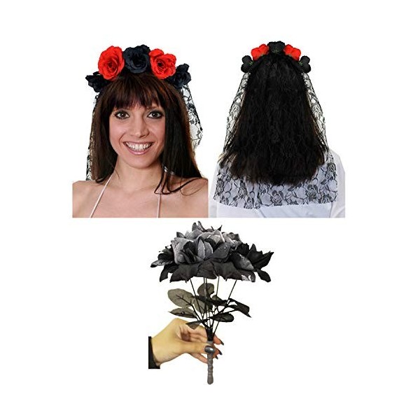 0207VP9E3BA Halloween pour Femmes mariée fantôme Voile & Gothique Noir Rose Bouquet de Fleurs - Parfait Jour des Morts Access