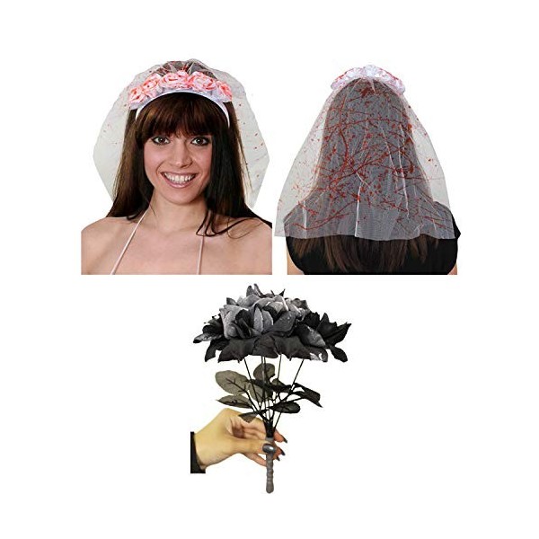 0207VP8HFJ1 Halloween pour Femmes mariée fantôme Voile & Gothique Noir Rose Bouquet de Fleurs - Parfait Jour des Morts Access