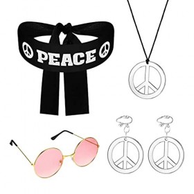 NITAIUN 5 Pièces Hippie Costume Set 60 et 70 Comprend Lunettes Rondes Rétro Hippie Vintage Signe de la Paix Collier Boucles D