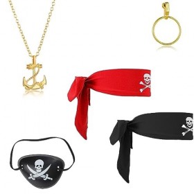 JOCXZI Lot de 5 Accessoires de Costume de Pirate - Boucles doreilles créoles Cache-œil de Pirate Écharpe de tête de Pirate C