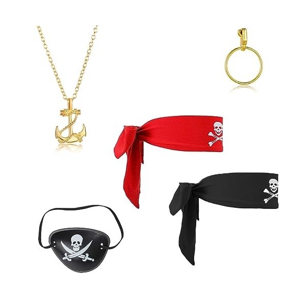 JOCXZI Lot de 5 Accessoires de Costume de Pirate - Boucles doreilles créoles Cache-œil de Pirate Écharpe de tête de Pirate C