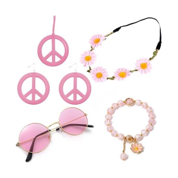 Diysupmkt Lot de 5 accessoires de déguisement hippie avec lunettes fantaisie, signe de paix, collier, bracelet, bandeau et bo