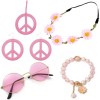 Diysupmkt Lot de 5 accessoires de déguisement hippie avec lunettes fantaisie, signe de paix, collier, bracelet, bandeau et bo