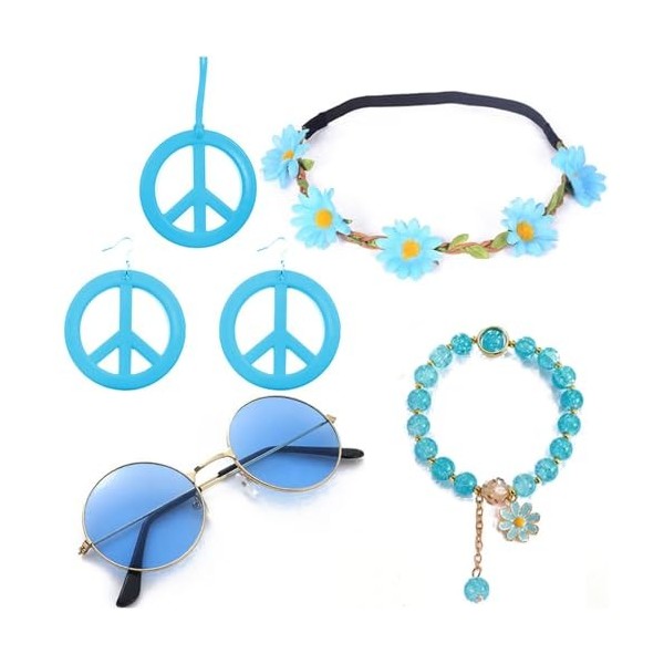 Diysupmkt Lot de 5 accessoires de déguisement hippie avec lunettes fantaisie, signe de paix, collier, bracelet, bandeau et bo