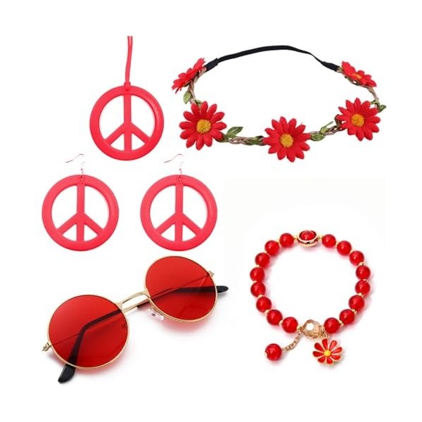 Diysupmkt Lot de 5 accessoires de déguisement hippie avec lunettes fantaisie, signe de paix, collier, bracelet, bandeau et bo