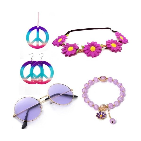 Diysupmkt Lot de 5 accessoires de déguisement hippie avec lunettes fantaisie, signe de paix, collier, bracelet, bandeau et bo