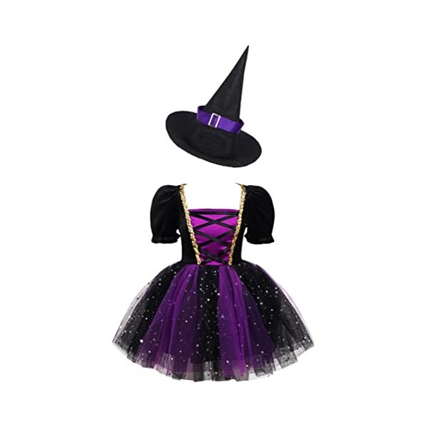 dPois Déguisement de Sorcière pour Fille Enfant Halloween Chapeau de Sorcière Robe à Étoiles Paillettes Magicien Accessoires 