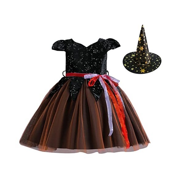 dPois Déguisement de Sorcière pour Fille Enfant Halloween Chapeau de Sorcière Robe à Étoiles Paillettes Magicien Accessoires 