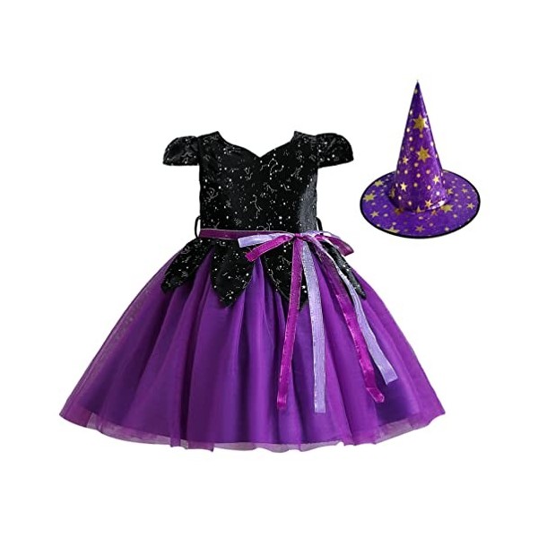dPois Déguisement de Sorcière pour Fille Enfant Halloween Chapeau de Sorcière Robe à Étoiles Paillettes Magicien Accessoires 