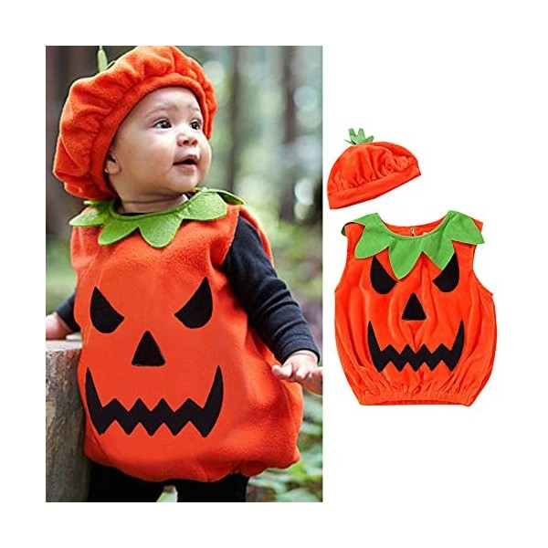JLOR Déguisement Petite Citrouille Costume Halloween pour Bébé Garçon Fille Ensemble Combinaison à Manches Longues Chapeau et