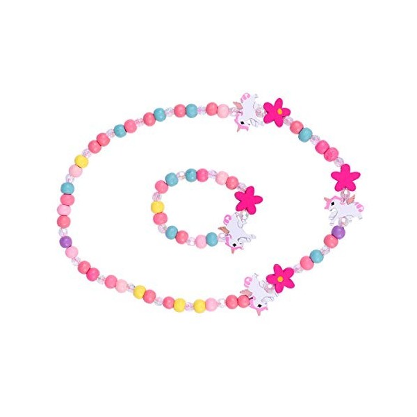 Amosfun En bois coloré enfants ensemble de bijoux licorne perles collier et bracelet cadeau pour les filles fête danniversai