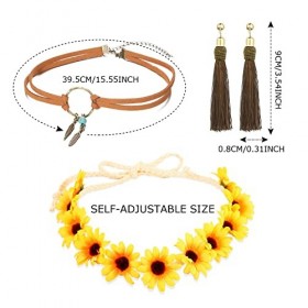 NITAIUN 4 Pièces Ensemble de Costume Hippie Bohe Rétro Accessoires Deguisement Boho Fleur Bandeau Collier Gland Boucles pour 