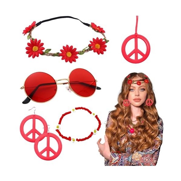 KELENO 5 Pieces Déguisement Hippie Accessoires Rétro Hippie Style Lunettes de Cercle Bandeau Signe de Paix Collier et boucles