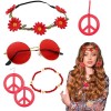 KELENO 5 Pieces Déguisement Hippie Accessoires Rétro Hippie Style Lunettes de Cercle Bandeau Signe de Paix Collier et boucles