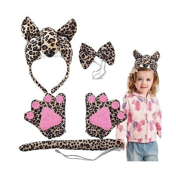 WOTEG léopard pour | Ensemble 4 costumes danimaux léopard,Accessoires déguisement léopard doux avec nœud papillon, oreilles 