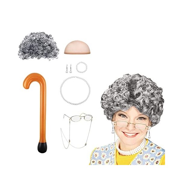 TLM Toys Costume de Vieille Dame de Perruque de Grand-mère, Grand-mère Gris Cheveux bouclés Fausse Perle Collier de Perles Co