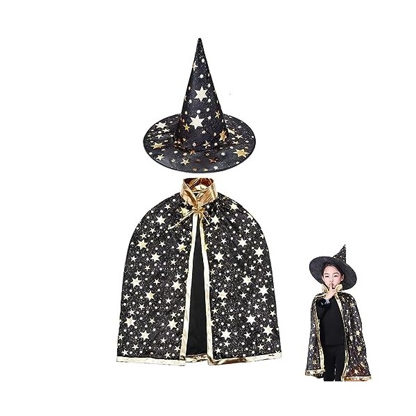 ZHjuju Cape de Sorcier avec Chapeau, Costumes dhalloween Cape de sorcière pour 3-12 Ans Enfants Garçons Filles Accessoires d