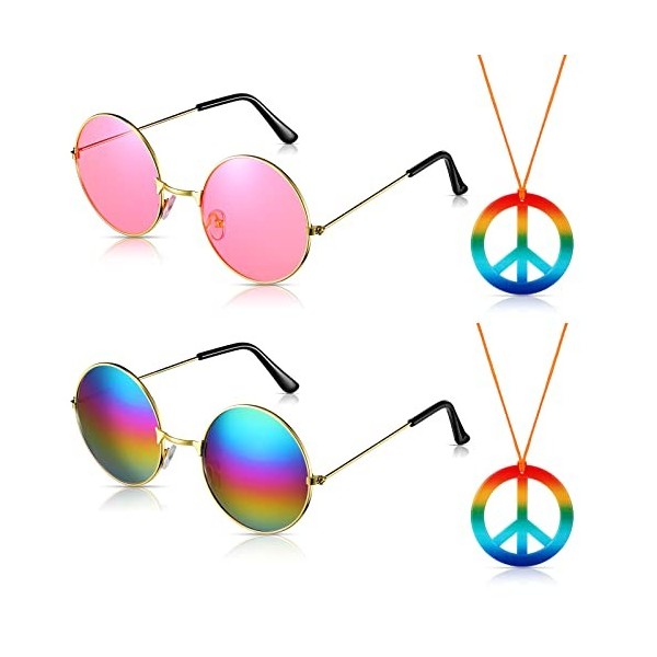 Nezyo 4 Accessoires de Costume Hippie Lunettes de Soleil Hippie Collier de Signe de Paix Accessoires Hippie Rétro des Années 