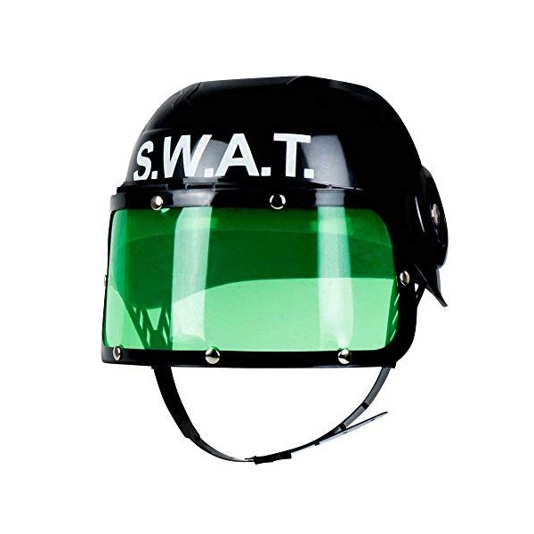 Boland 01392 S.W.A.T Casque pour enfant en plastique noir avec visière verte, taille unique, réglable, mentonnière imprimée, 