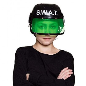 Boland 01392 S.W.A.T Casque pour enfant en plastique noir avec visière verte, taille unique, réglable, mentonnière imprimée, 