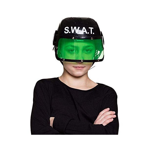 Boland 01392 S.W.A.T Casque pour enfant en plastique noir avec visière verte, taille unique, réglable, mentonnière imprimée, 