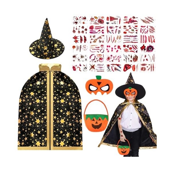 Kitimi Cape du Magicien Dhalloween, Deguisement Cape de Sorcier avec Cape de Sorcier Chapeau de Sorcière citrouille Panier d