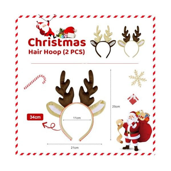 Serre Tete Renne Noël, 2 Pièces Serre Têtes de Cerf pour Noël Bandeau de Cheveux Cadeau pour Enfants, Chapeaux Bois de Renne 